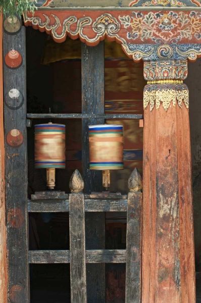 Bhutan, Bumthang Prayer wheel at Jampey Lhakhang